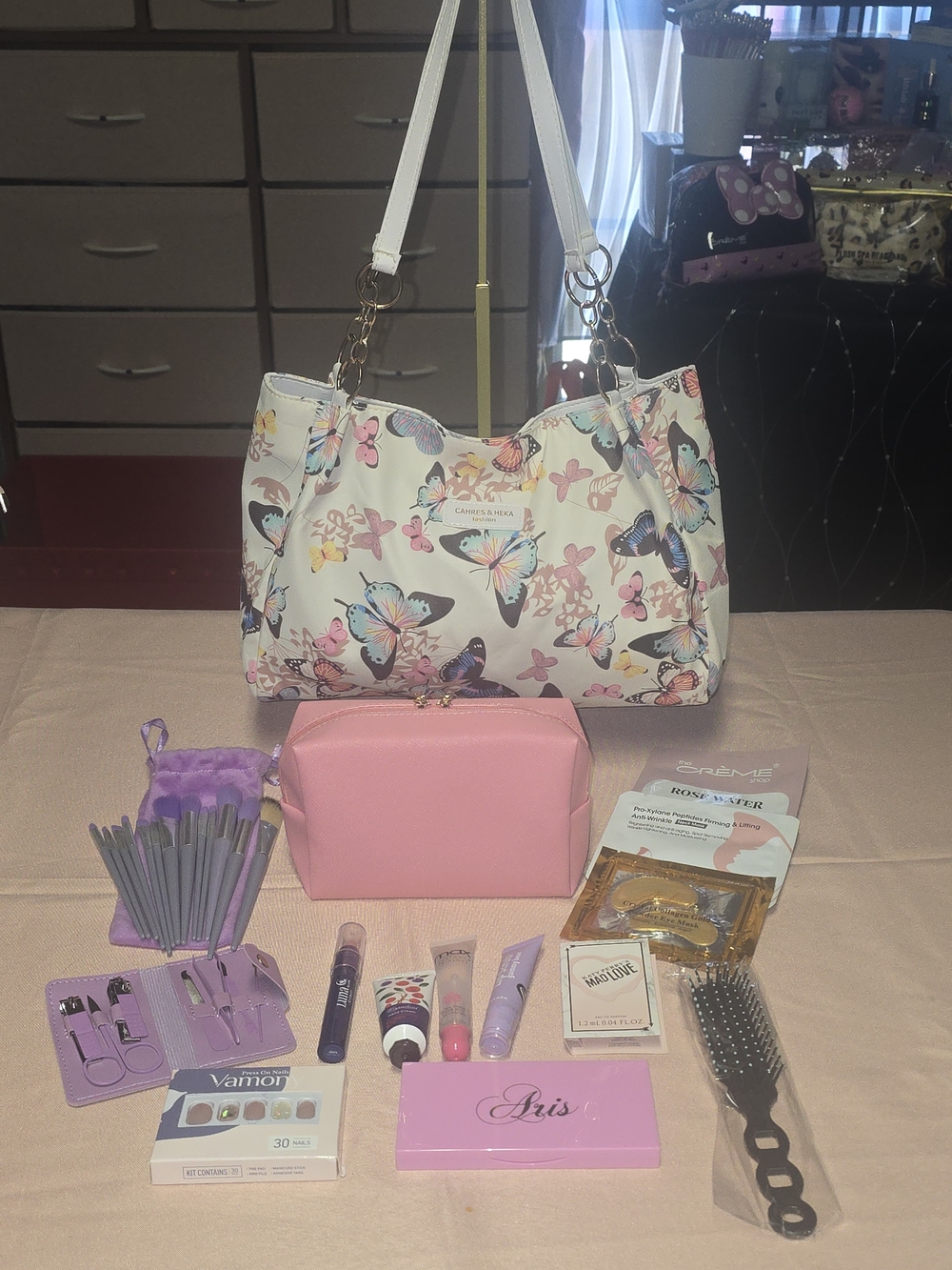 White Butterfly Tote Bag with Pink Cosmetic Pouch & Beauty Bundle